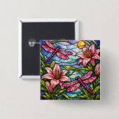 Buntglas-Lilien und Libellen Rosa Button (Vorne & Hinten)