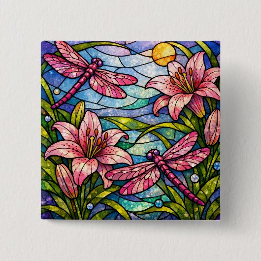 Buntglas-Lilien und Libellen Rosa Button (Vorderseite)