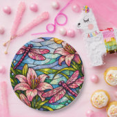 Buntglas-Lilien und Libellen Rosa Pappteller (Party)