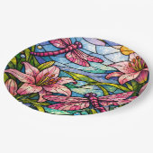 Buntglas-Lilien und Libellen Rosa Pappteller (Schrägansicht)