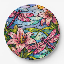 Buntglas-Lilien und Libellen Rosa Pappteller