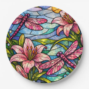 Buntglas-Lilien und Libellen Rosa Pappteller