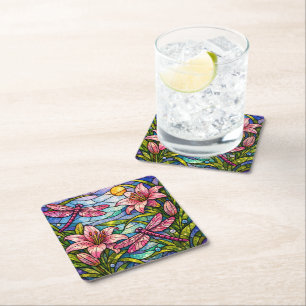 Buntglas-Lilien und Libellen Rosa Rechteckiger Pappuntersetzer
