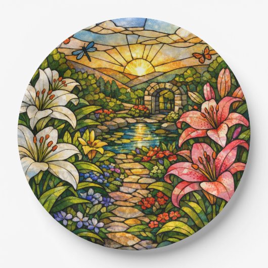 Buntglas-Lilien und Sonnenschein Pappteller (Vorderseite)