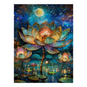 Buntglas-Lotusblüten im Mondlicht Poster