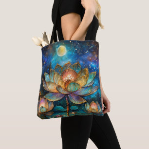 Buntglas-Lotusblüten im Mondlicht Tasche