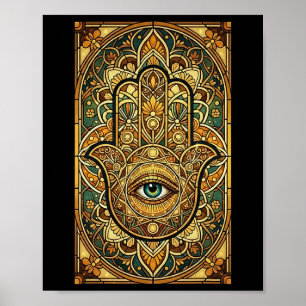 Buntglas-Mandala-Hamsa-Hand Spirituelle Meditation Poster