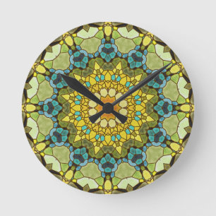 Buntglas-Mandala-Wanduhr-im Frühjahr Farben Runde Wanduhr