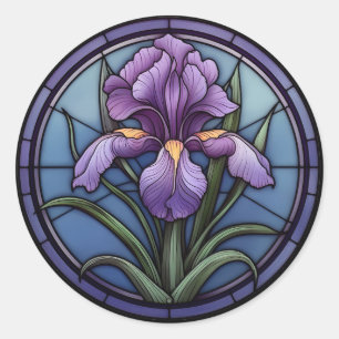 Buntglas mit violetter Schwertlilie Runder Aufkleber
