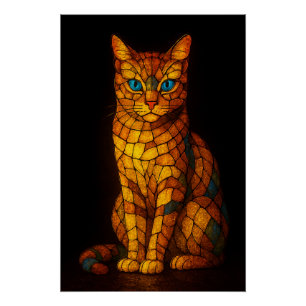 Buntglas-Mosaik-Katze mit blauen Augen Poster