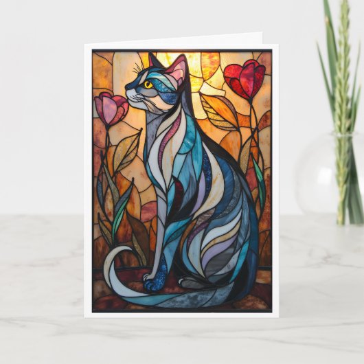 Buntglas-Optik Graue Katze mit Blumen Karte (Vorderseite)