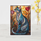 Buntglas-Optik Graue Katze mit Blumen Karte (Gelbe Blume)