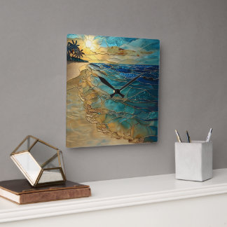 Buntglas-Ozean-Strand-Wanduhr Quadratische Wanduhr