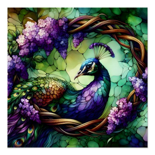 Buntglas-Pfau-Blumenkranz-Kunst Poster (Vorderseite)