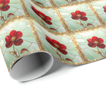 Buntglas-Rot-Blumen-Geschenkpapier
