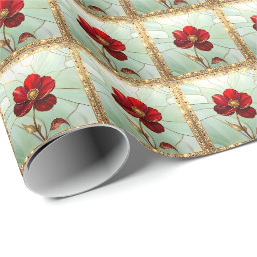Buntglas-Rot-Blumen-Geschenkpapier Geschenkpapier (Rolleneckpunkt)
