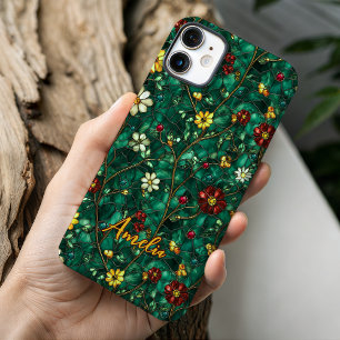 Buntglas rot türkisfarbene Blumen iPhone 16 Hülle