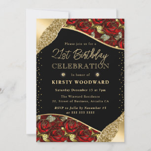 Buntglas Rot und Gold Rosen 21. Geburtstag Einladung