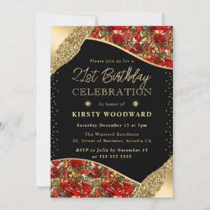 Buntglas Rot und Gold Rosen 21. Geburtstag Einladung
