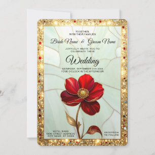 Buntglas-Rote Blume mit goldenen Akzenten Hochzeit Einladung