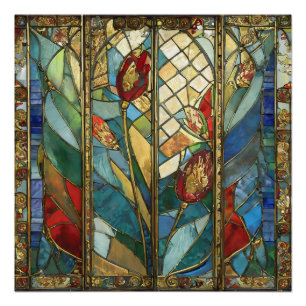 Buntglas Rote Mohnblumen Hauptmann bei Sonnenaufga Poster