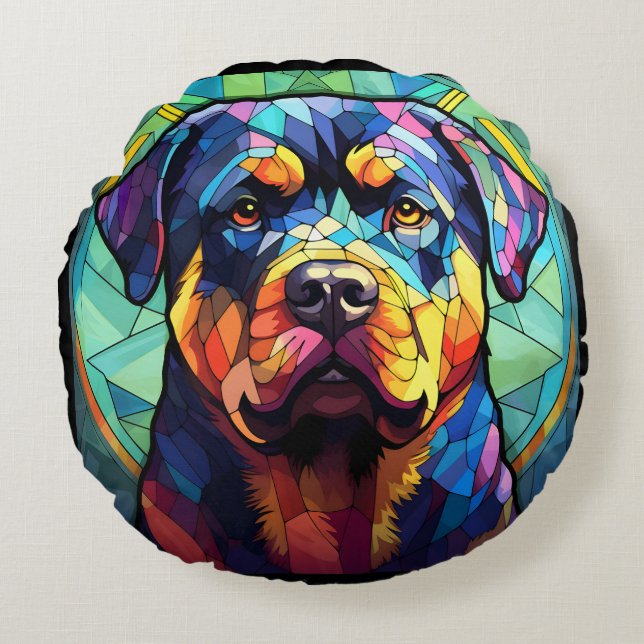 Buntglas Rottweiler  Rundes Kissen (Vorderseite)