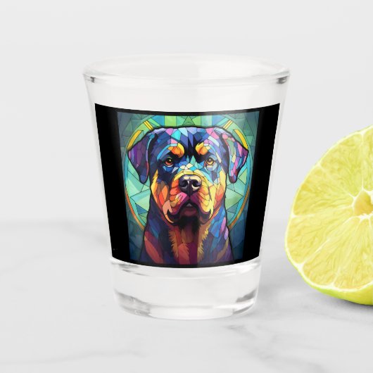 Buntglas Rottweiler Schnapsglas (Vorderseite)