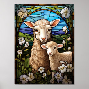Buntglas-Schaf und Lamm auf einer Weide im Fenster Poster