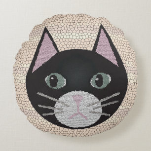Buntglas-Schwarze Katze, Beige Rundes Kissen