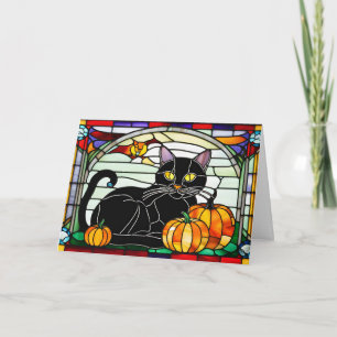 Buntglas Schwarze Katze mit Kürbissen Feiertagskarte