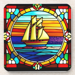 Buntglas-Segelschiff bei Sonnenuntergang Getränkeuntersetzer