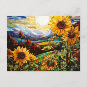 Buntglas-Sonnenblumen-Berg-Sonnenuntergang Postkarte