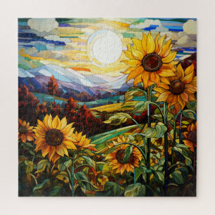 Buntglas-Sonnenblumen-Feld-Sonnenuntergang-Berge Puzzle