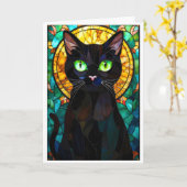 Buntglas-Stil Charmantes schwarzes Kätzchen Grüne  Karte (Gelbe Blume)