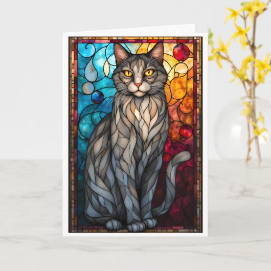 Buntglas-Stil Graue Katze Karte (Gelbe Blume)