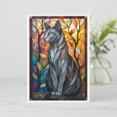 Buntglas-Stil Graue Katze mit Blättern Karte (Stehend Vorderseite)