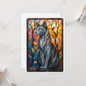 Buntglas-Stil Graue Katze mit Blättern Karte (Vorderseite/Rückseite Beispiel)