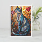 Buntglas-Stil Graue Katze mit Blumen Karte (Stehend Vorderseite)