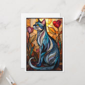 Buntglas-Stil Graue Katze mit Blumen Karte (Vorderseite/Rückseite Beispiel)