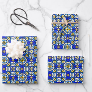 Buntglas-Stil in Blautönen und Gelb Geschenkpapier Set