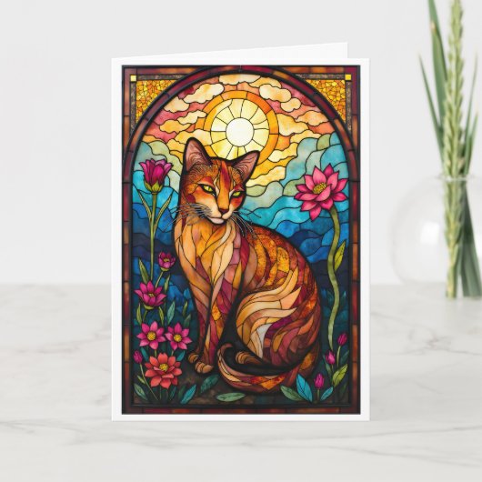 Buntglas-Stil Orange Katze mit rosa Blumen Karte (Vorderseite)