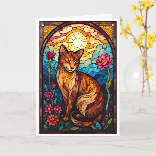 Buntglas-Stil Orange Katze mit rosa Blumen Karte (Gelbe Blume)