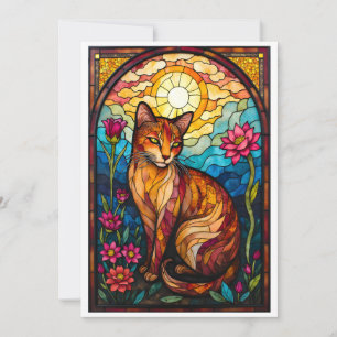 Buntglas-Stil Orange Katze mit rosa Blumen Karte