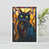Buntglas-Stil schwarze Katze mit Blättern flach Karte (Stehend Vorderseite)