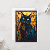 Buntglas-Stil schwarze Katze mit Blättern flach Karte (Vorderseite/Rückseite Beispiel)