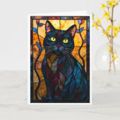Buntglas-Stil Schwarze Katze mit Blättern Karte (Gelbe Blume)