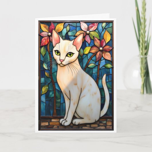 Buntglas-Stil Weiße Katze mit Blumen Karte (Vorderseite)