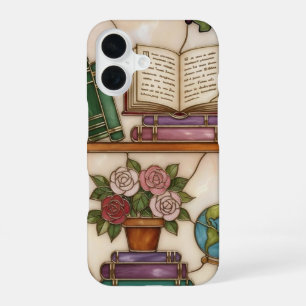 Buntglas-Style Blumen Bücherregal Buchliebhaber iPhone 16 Hülle