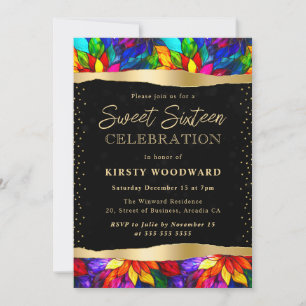 Buntglas und Gold mehrfarbig Sweet 16 Einladung