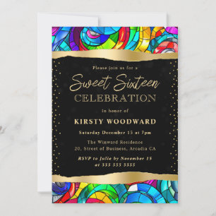 Buntglas und Gold mehrfarbig Sweet 16 Einladung